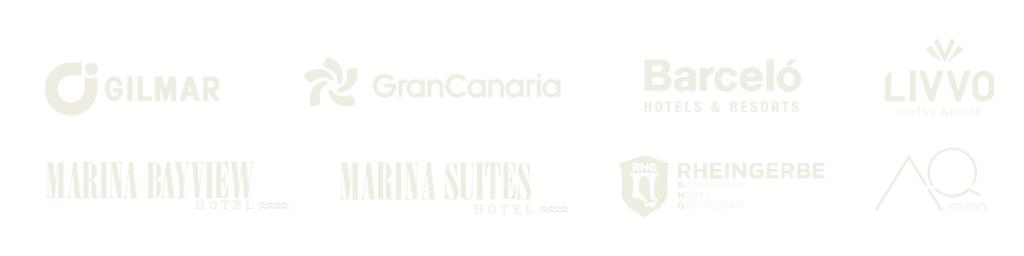 Clientes: Gilmar, Gran Canaria, Barceló Hotels & Resorts, Livvo Hotel Group, Marina Bayview Hotel, Marina Suites Hotel, Rheingerbe y AQ Studio